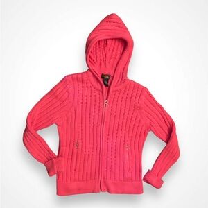 Vtg Y2K Route 66 Hot Pink Barbiecore Cable Knit Hoodie Zip Cardigan Sweater XL